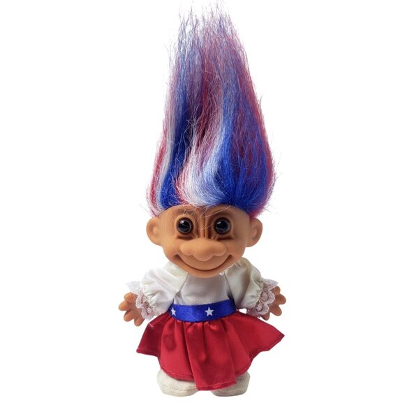 Vintage Russ Troll 5" Patriotic Doll Red White Blue Hair Outfit Whimsical Festiv - Picture 1 of 4